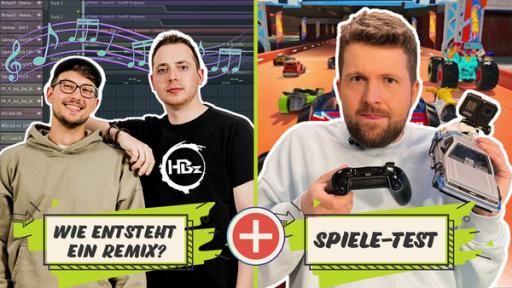 Rechte: KiKA/Inka Kiwit Ein mittig geteiltes Bild. Links die Jungs von HBz vor Tonspuren eines Musik-Programms im Hintergrund. Rechts Tim mit Gamepad und ferngesteuertem Auto vor einer Szene aus dem Spiel Hot-Wheels.