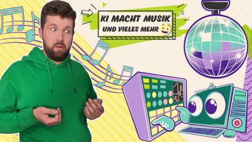 Rechte: KiKA Links Tim. Er schaut nach rechts zu einem Computer. Der Computer ist mit Augen und Händen gezeichnet. Direkt daneben eine lange Reihe Musiknoten. Rechts oben eine Discokugel. Oben in der Mitte der Text KI macht Musik und vieles mehr.
