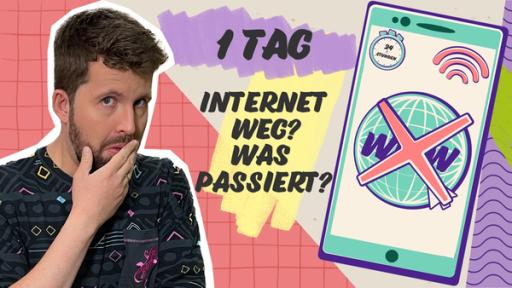 Rechte: KiKA Links steht Tim und schaut fragend auf ein Handy. Aus dem Display des Handys ist das Symbal für das Internet durchgestrichen. Zwischen Tim und dem Handy steht der Text: 1 Tag Internet weg? Was passiert?