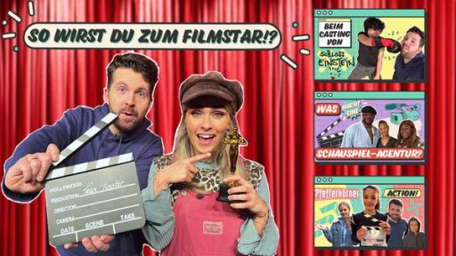 Links steht Tim mit einer Filmklappe in der Hand. Rechts steht Schauspielerin Sarah Mangione mit einer Oskarfigur in der Hand. Über den beiden steht der Text: So wirst du zum Filmstar!?