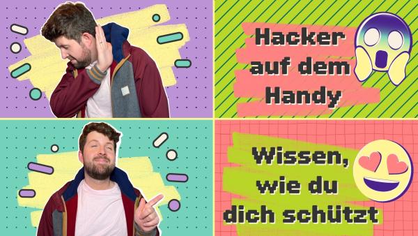 Im oberen Teil dreht Tim den Kopf mit abwehrender Handgeste zur Seite. Daneben der Text: Hacker auf dem Handy. Im unteren Teil zeigt Tim mit zufriedenem Gesicht auf den Text: Wissen, wie du dich schützt.
