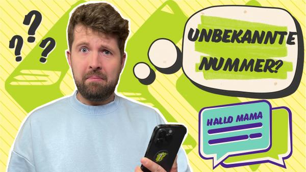 Tim schaut fragend von seinem Handy auf. Neben ihm ist eine Sprechblase mit dem Text "Unbekannte Nummer?".