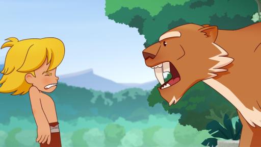 Rechte: KiKA/hr/TF1/GO-N Productions Am Flussufer steht plötzlich ein wilder Säbelzahntiger vor Tib. Und der sieht alles andere als friedlich aus.