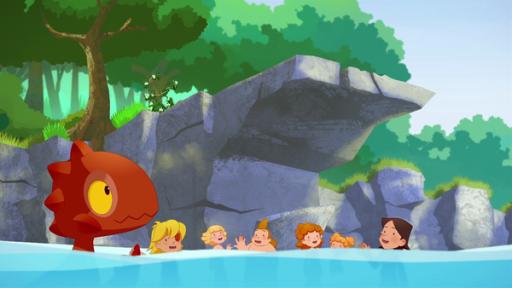 Rechte: KiKA/hr/TF1/GO-N Productions An einem heißen Tag im Fluss überlegen sich die Kinder des Clans, wer wohl der schnellste Schwimmer sei.