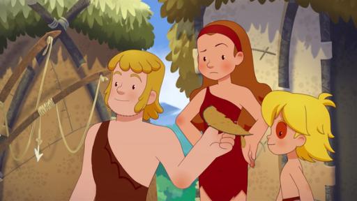 Rechte: KiKA/hr/TF1/GO-N Productions Tom zeigt seinem Sohn stolz einen alten selbstgebauten Holzflieger.