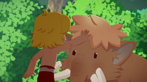 Rechte: KiKA/hr/TF1/GO-N Productions Tib findet ein Mammutbaby im Wald. Die Mutter des Kleinen ist nicht zu sehen.