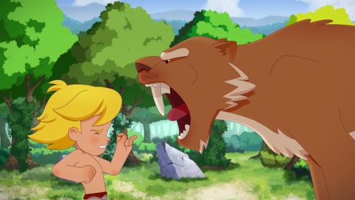 Rechte: KiKA/hr/TF1/GO-N Productions Mit lautem Gebrüll reagiert Säbelzahn, als ihm Tib bei einer Mutprobe ein Schnurrhaar rausreißt.
