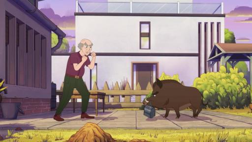 Folge 7: Im Schweinsgalopp | Rechte: © Caligari Film Herr Lüttkewitz ist ein alter Mann mit Falten und wenigen grauen Haaren. In einer Wohngegend steht er einem Wildschwein mit geballten Fäusten gegenüber. Das Wildschwein hält eine grüne Tasche im Maul. Im Hintergrund steht ein modernes Wohnhaus.