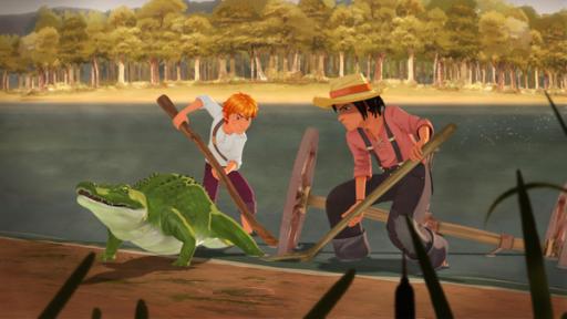 5. Wie Tom und Huck einem Alligator halfen | Rechte: CYBER GROUP STUDIOS/hr Tom und Huck scheuchen einen Alligator aus dem Wasser.