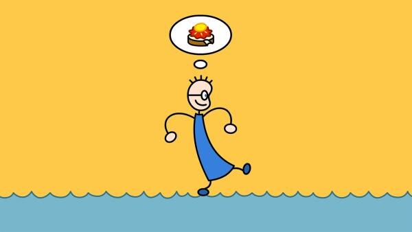 Mone und Mona zeigen TOM ein Brot, das auf der anderen Seite des Sees liegt. TOM übt, über das Wasser zu gehen. 