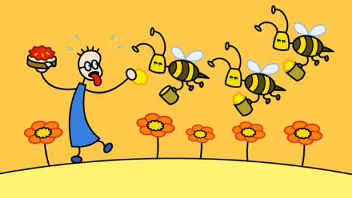 Tom, mit Erbeermarmeladebrot, und drei Bienen über Blumen | Rechte: SWR Tom, mit Erbeermarmeladebrot, und drei Bienen über Blumen