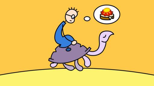Tom reitet auf einer Schildkröte und denkt an ein Erdbeermarmeladebrot mit Honig | Rechte: SWR Tom reitet auf einer Schildkröte und denkt an ein Erdbeermarmeladebrot mit Honig