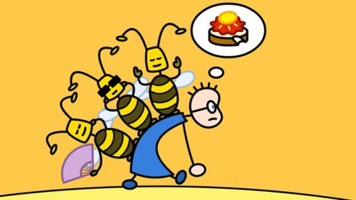 Tom trägt die urlaubsfreudigen Bienen und denkt an ein Erdbeermarmeladebrot mit Honig | Rechte: SWR Tom trägt die urlaubsfreudigen Bienen und denkt an ein Erdbeermarmeladebrot mit Honig
