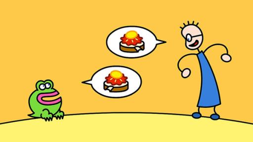 Tom unterhält sich mit einem Frosch über ein Erdbeermarmeladebrot mit Honig | Rechte: SWR Tom unterhält sich mit einem Frosch über ein Erdbeermarmeladebrot mit Honig