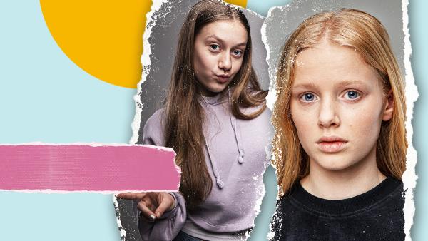Zwei Mädchen vor einem bunten Hintergrund. Das Linke lächelt, das andere schaut ernst. 