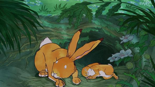 Der große Hase und der kleine Hase schlafen glücklich ein.