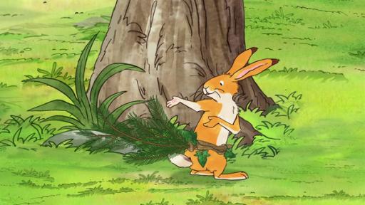 Rechte: KiKA/SLR Productions Australia Pty.Ltd./Scrawl Studios Pte Ltd./hr/ARD Der kleine braune Hase probiert einen Schwanz aus Zweigen aus.
