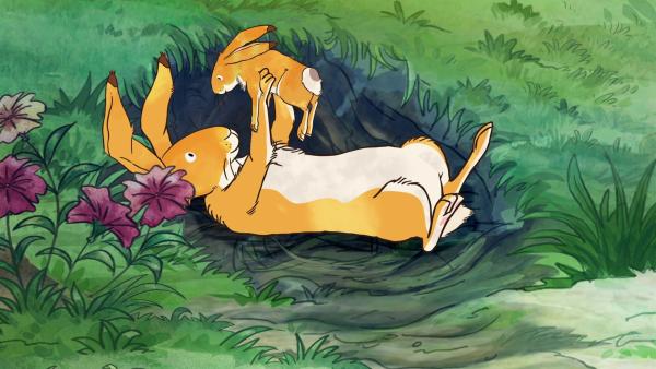 Der große braune Hase und der kleine braune Hase haben sich sehr lieb.
