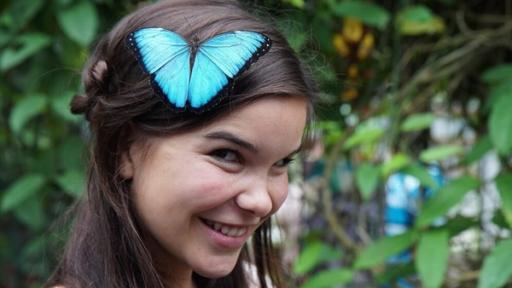 Anna und die wilden Tiere | Rechte: BR | Text und Bild Medienproduktion GmbH & Co. KG Im Garten der Schmetterlinge | Das ist kein Haarschmuck sondern ein lebender Morphofalter auf dem Kopf von Tierreporterin Anna.