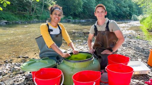 Pia und die wilde Natur | Rechte: BR | Text und Bild Medienproduktion GmbH & Co. KG | Anna-Louise Bath Barfuß im Bach | Nach erfolgreichem Elektrofischen geht es für Pia und Michel ans Sortieren der untersuchten Fische. (Pia Amofa-Antwi, Michel Frisch).