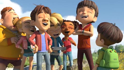 Alle für einen | Rechte: © La Station Animation – 2022 Draußen im Grünen an einem sonnigen Tag: Ausgelassen und lachend vor Freude stehen die zwei eigentlich rivalisierenden Kinderbanden geschlossen beisammen. In der Mitte steht Raphael, der ein Kästchen in den Händen hält. Um ihn herum stehen Samson, Marie, Hase, Lina, Bohnenstange und ihr jüngerer Bruder Kleiner Fuß.
