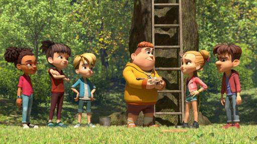 Samson und die Tiere | Rechte: © La Station Animation – 2022 Der tierliebe Samson steht mitten zwischen den beiden Banden. Er hat ein verletztes Rebhuhn in seinen Armen. Er blickt zu seinen Freunden Marie und Hase. Lina, Bohnenstange und Raphael stehen auf der anderen Seite und blicken zufrieden zu Samson. Die beiden Banden vertragen sich kurzerhand zum Wohle des verletzen Tieres.