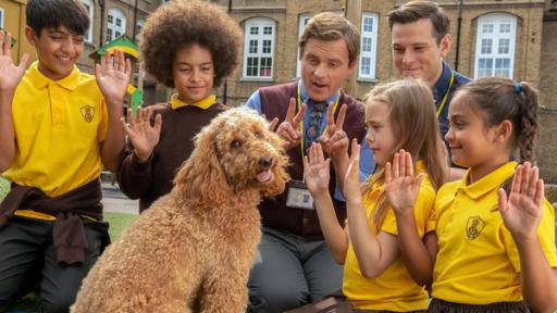 Die erste Hausaufgabe | Rechte: ZDF Simon, Tom und Evi (Mitte) üben mit Wuffel Zählen in Zweierschritten. Um sie herum sitzen auch andere Kinder.