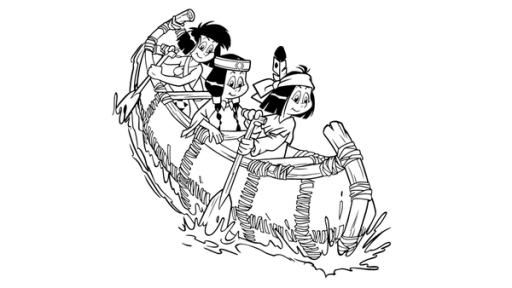 Alle in einem Boot | Rechte: Derib+Job/Le Lombard/Ellipsanime Productions/Belvision/ARD & WDR/Dargaud Media/2 Minutes Yakari, Regenbogen und Kleiner Dachs sitzen hintereinander in einem schmalen Boot. Yakari und Kleiner Dachs paddeln
