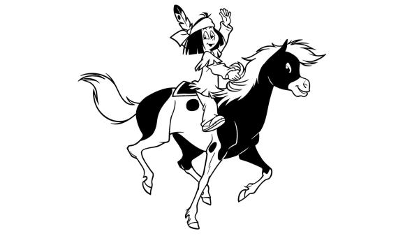 Yakari reitet auf seinem Pferd Kleiner Donner. Mit der rechten Hand hält er sich an der Mähne fest. Seine linke Hand ist winkend ausgestreckt