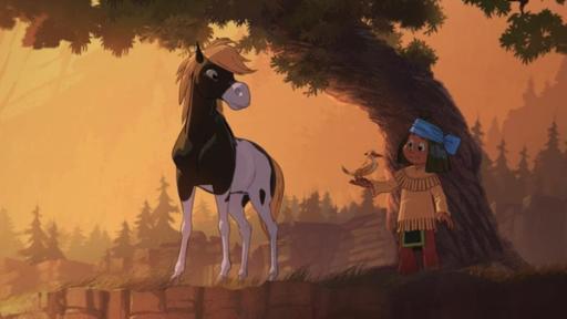 Yakari - Der Kinofilm | Rechte: WDR Mustang Kleiner Donner und Yakari stehen auf einem Felsvorsprung nebeneinander