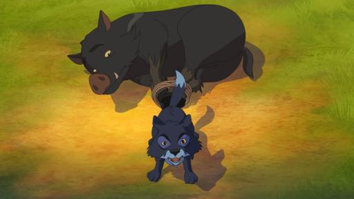 Ein kleiner Wolf bewacht ein gefesseltes Wildschwein.