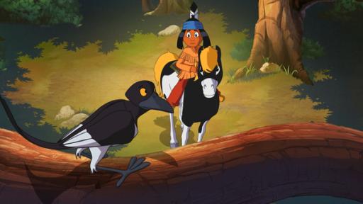 Der Tanz des Luchses | Rechte: WDR/Storeimages Yakari und Kleiner Donner beobachten einen Vogel auf einem Ast.