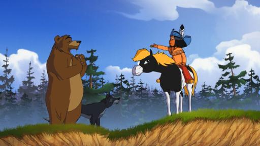 Startbild Folge 150 | Rechte: WDR/Storeimages Yakari spricht mit dem Fuchs und dem Bär.