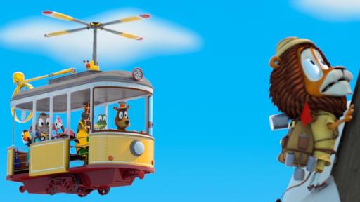 Anni ist Spitze | Rechte: ZDF/ Grid Animation Lionel klettert einen Berg herauf und blickt ängstlich. Im Hintergrund sind Zacki und seine Freunde in einer fliegenden Bahn.