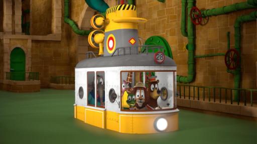 Bahn-Verwandlungen | Rechte: ZDF/ Grid Animation Die Zoobande sitzt in ihrer Bahn (Mitte), welche durch das Wasser im Tunnelsystem fährt.