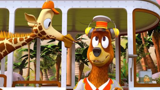 Balduin im Tennisfieber | Rechte: ZDF/ Grid Animation Bär Balduin (rechts) hört mit Kopfhörern gespannt dem Tennisspiel zu, Giraffe Bruno (links) schaut ihm dabei zu.