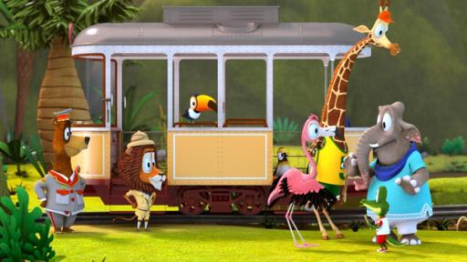 Das Dschungelteam | Rechte: ZDF Die Zootiere stehen vor einem Bahnwaggon. Flora (rechts) spricht mit Zacki, Bruno und Frau Emily.