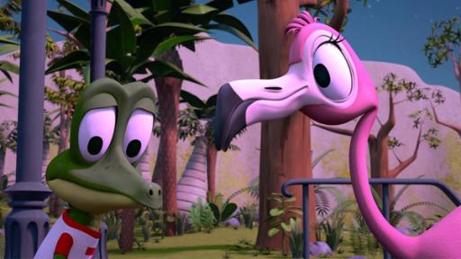 Der Flamingo-Mond-Tanz | Rechte: ZDF/ Grid Animation Krokodil Zacki (links) schaut eingeschüchtert auf den Boden, während Flamingo Flora (links) ihn aufmunternd anschaut.