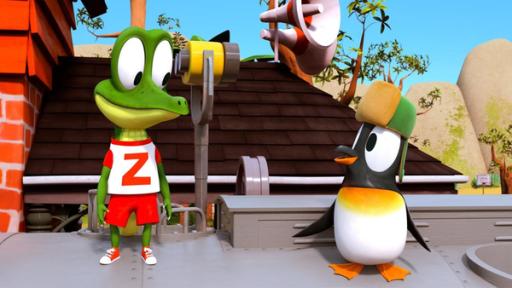 Der fliegende Pinguin | Rechte: ZDF/ Grid Animation Zacki das Krokodil (links) schaut neugierig zum Pinguin Jonathan (rechts), der ihn freudig anstrahlt.