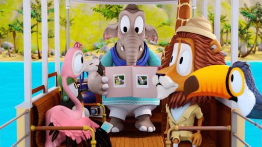 Die Blaufuß-Blinzel-Möwe | Rechte: ZDF/ Grid Animation Die Elefantendame zeigt den anderen Zootieren ein Fotobuch mit Fotos von schönen Vögeln.