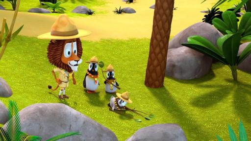 Kurti, der kleine Pfadfinder | Rechte: ZDF Lionel (links) und die Pinguine tragen eine Pfadfinderuniform. Zwei der Pinguine stehen neben Lionel (rechts) und vor ihnen liegt Kurti auf dem Boden.