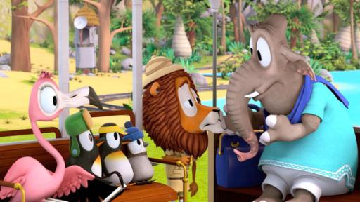 Lionels gruselige Bahnfahrt | Rechte: ZDF/ Grid Animation Lionel (mi.) schaut ganz müde Elefantendame Emily (re.) an.