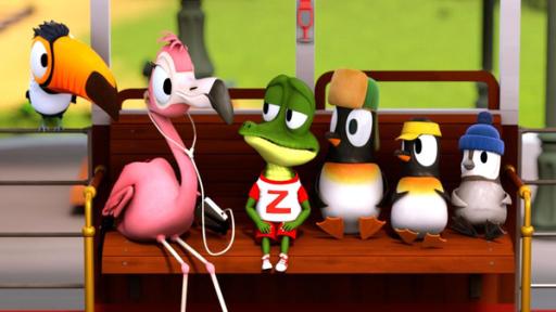 Was ist los mit Zacki? | Rechte: ZDF Die Zootiere sitzen nebeneinander in der Bahn. Zacki sitzt in der Mitte und sieht sehr betrübt aus.
