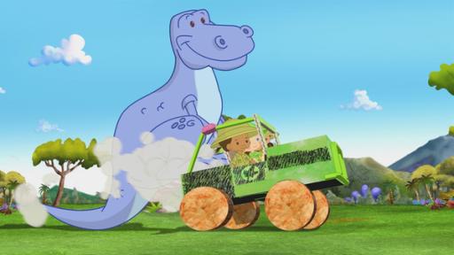 Rechte: KiKA/Mike Young Productions Zoé, Hamid und Carla probieren mit dem Dinosaurier im Zoo ein ganz neues Spiel aus.