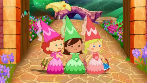 Rechte: KiKA/Mike Young Productions Zoé, Carla und Tanja sind auf die Geburtstagsparty der Prinzessin eingeladen. Auf dem Weg zum Schloss sammeln sie Geschenke für die Prinzessin: selbst gepflückte Beeren, handgeflochtene Blumenkränze, ein selbst geflochtenes Springseil.