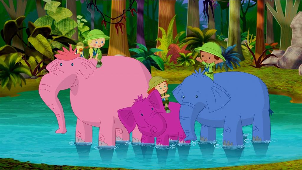 Während ihres Dschungelabenteuers reiten Zoé, Finn, Tanja und sogar QuackQuack auf Elefanten.