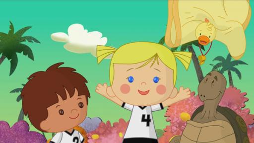 Rechte: KiKA/Mike Young Productions Zoé mit Finn, Schiedsrichter QuackQuack und der Riesenschildkröte Tess.