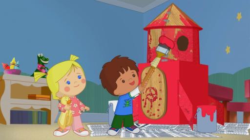 Rechte: KiKA/Mike Young Productions Mit einem kleinen Trick schafft es Finn, die hohe Rakete anzumalen.