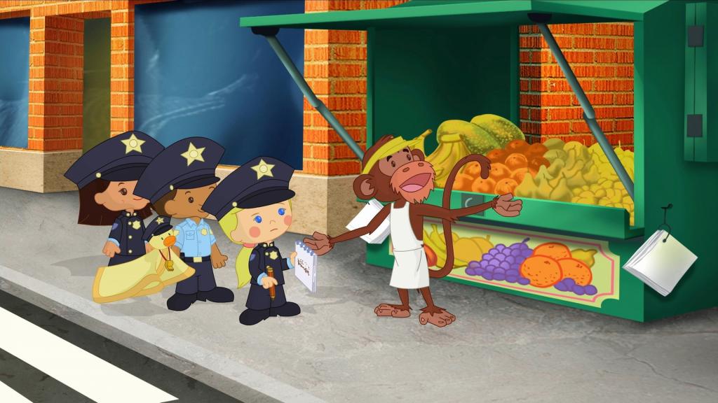 Zoé und ihre Freunde helfen als Polizisten dem aufgeregten Obsthändler, dem die Bananen gestohlen wurden.