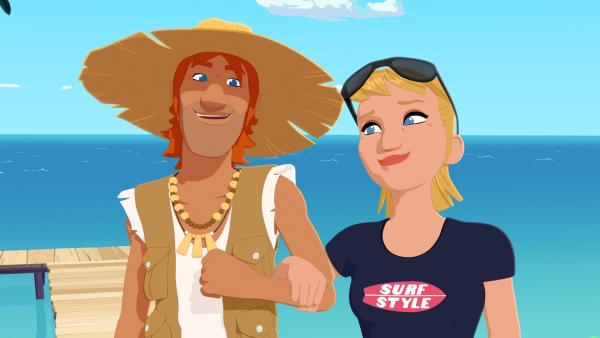 Jacks (l.) alte Freundin Joanna (r.) ist zu Besuch auf Maotou. Sie arbeitet für ein Surfer-Magazin und ist auf der Suche nach tollen Bildern und einem Surf-Champion für das Titelbild der nächsten Ausgabe.